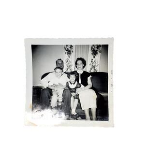 Vtg Family Together on Sofa Monochrome Photography Found Snapshot B&W Portrait
